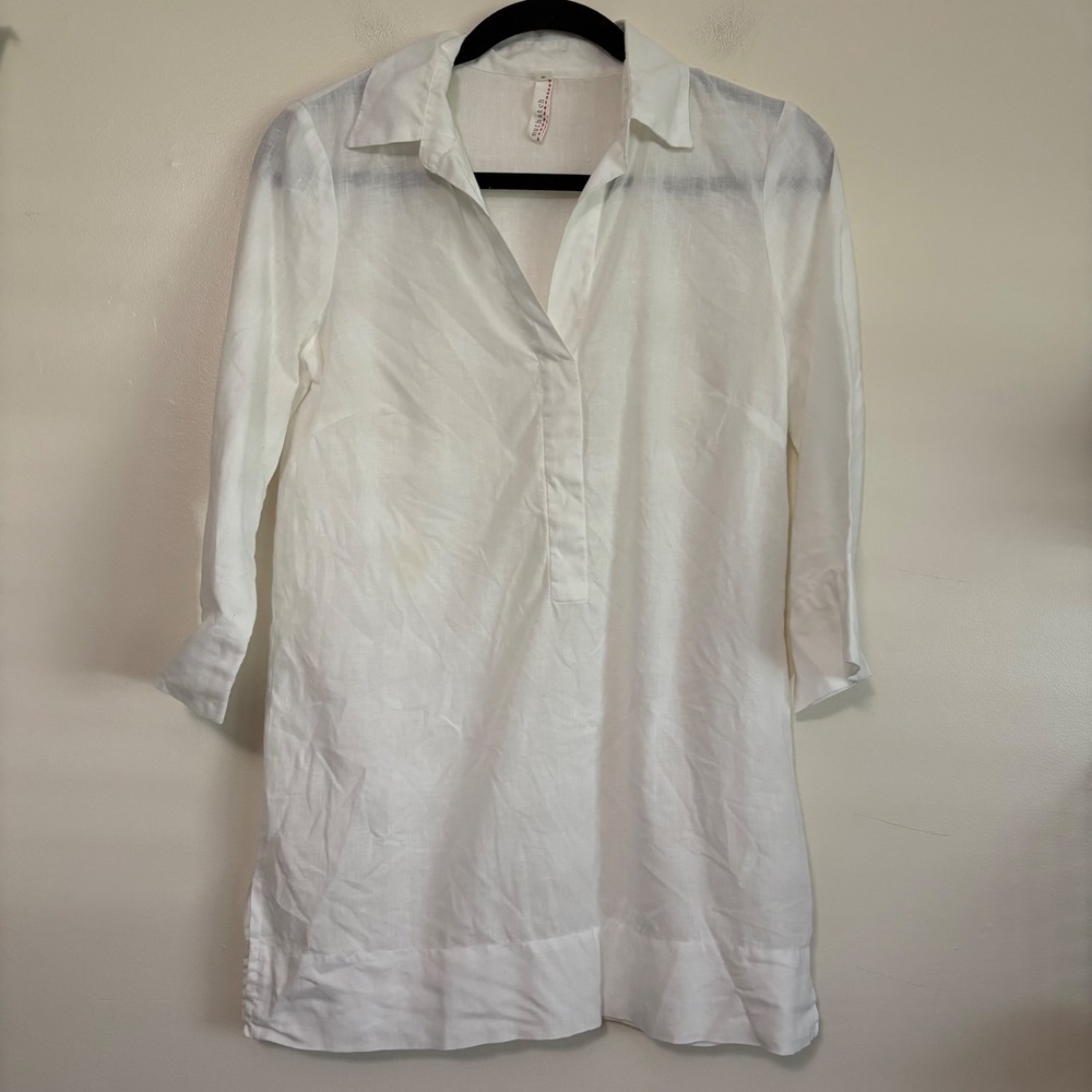 Nuthatch White 100% Linen Tunic Top‎ 3/4 Sleeve Side Zip Womens Petite P